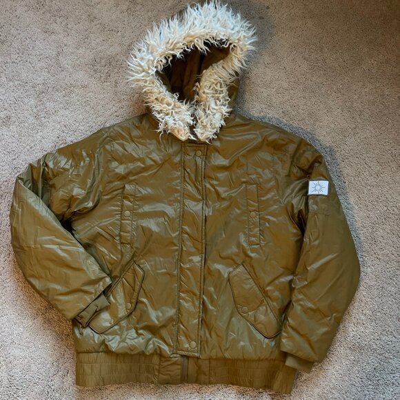 Offline by Aerie Puffer Jacket Mustard Faux Fur Bomber Ski Hooded Coat Womens S - Picture 1 of 5